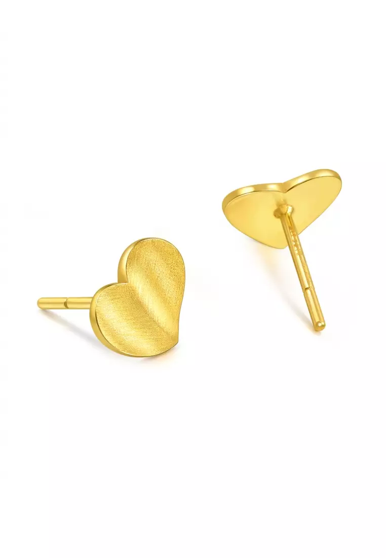999 24K Solid Gold Heart-shaped Dainty Stud Earrings for Women 94534E