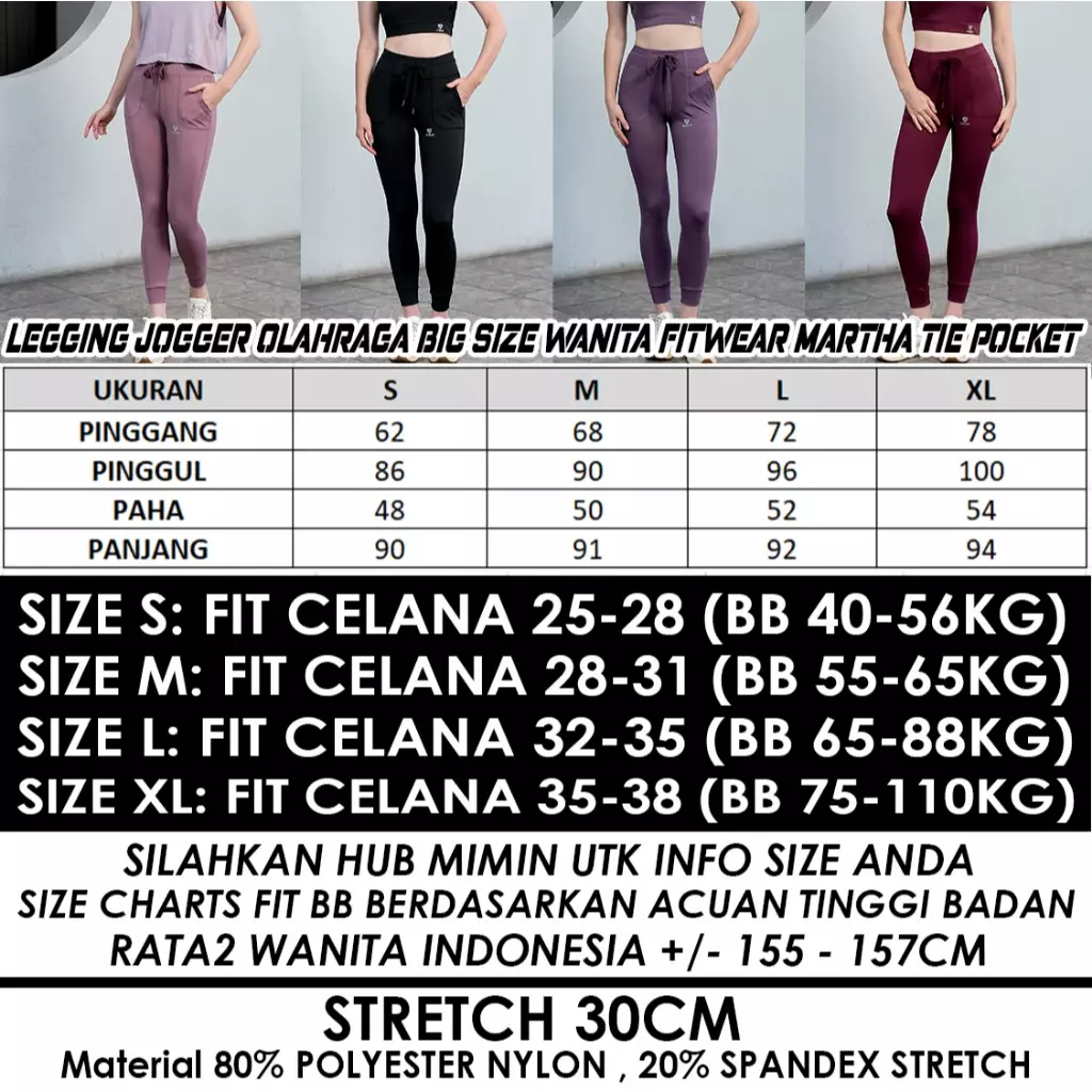 Fitwear Legging Jogger Big Size Olahraga Wanita MARTHA TIE POCKET - BLACK