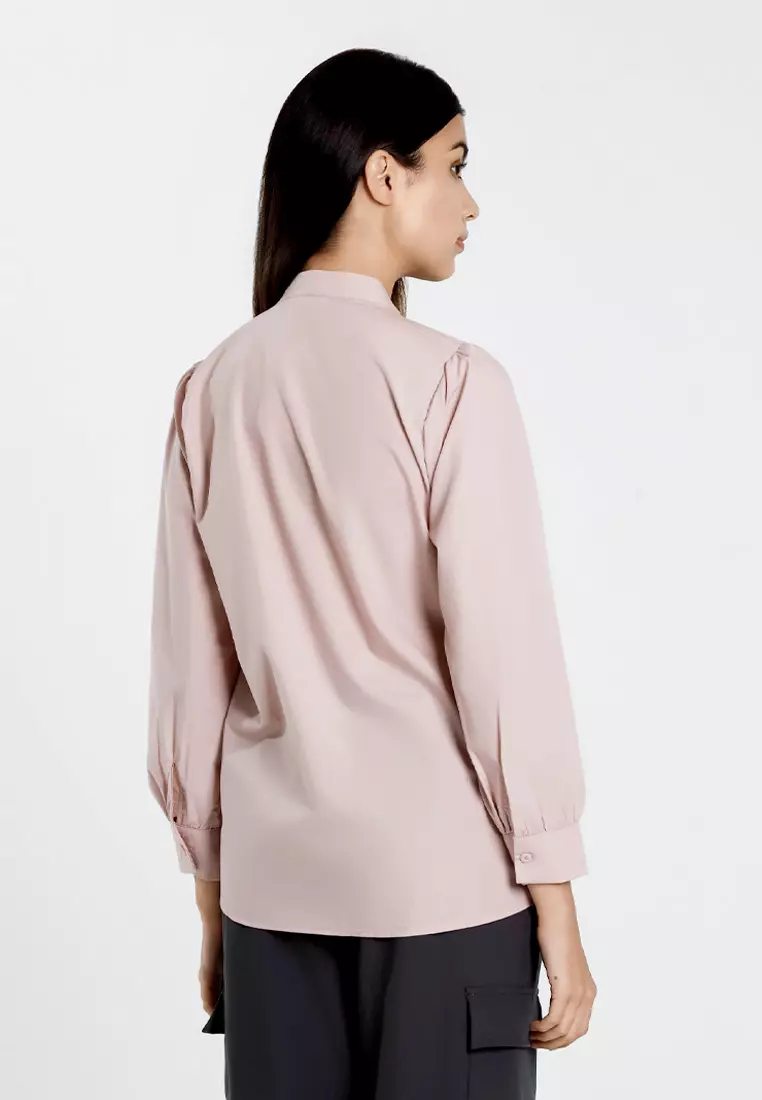Forest Ladies Front Pleated Blouse Women Plain Long Sleeve Top - 822513-59Lotus Pink