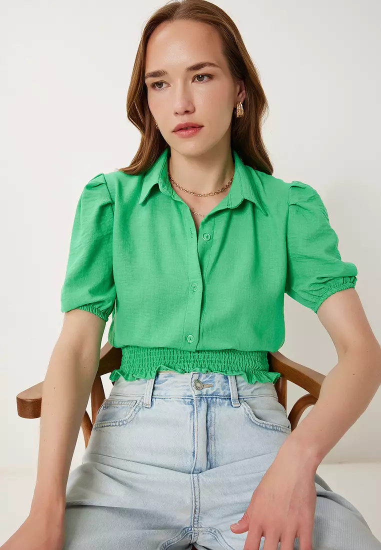 Women Dark Green Balloon Sleeve Linen Crop Shirt Blouse Tp00081