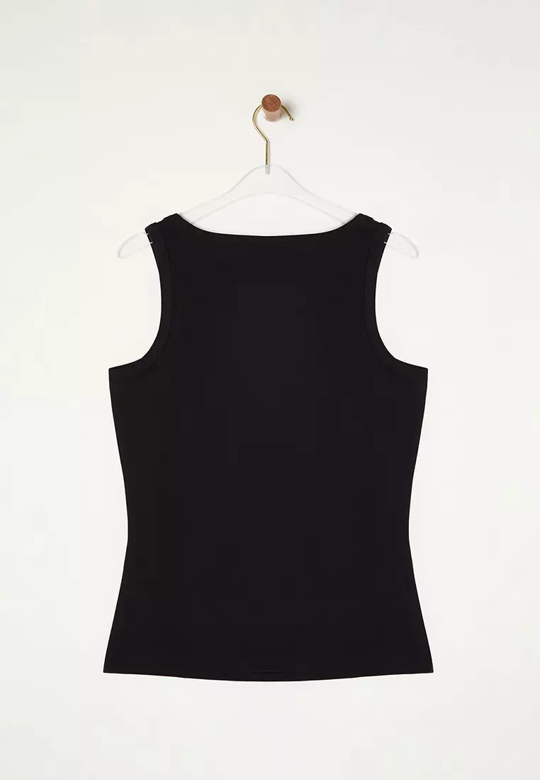 Black Square Neck Soft Fabricbody Sitting Plus Size Knitted Undershirt Tbbss25Cv00000
