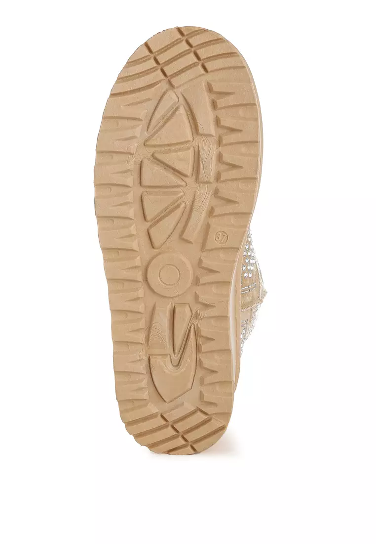 Chunky Rhinestones Ankle Boots in Beige