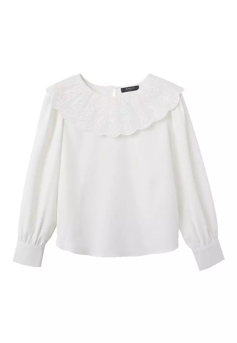 蕾絲雕花領片不易皺拋袖上衣《AB17917》