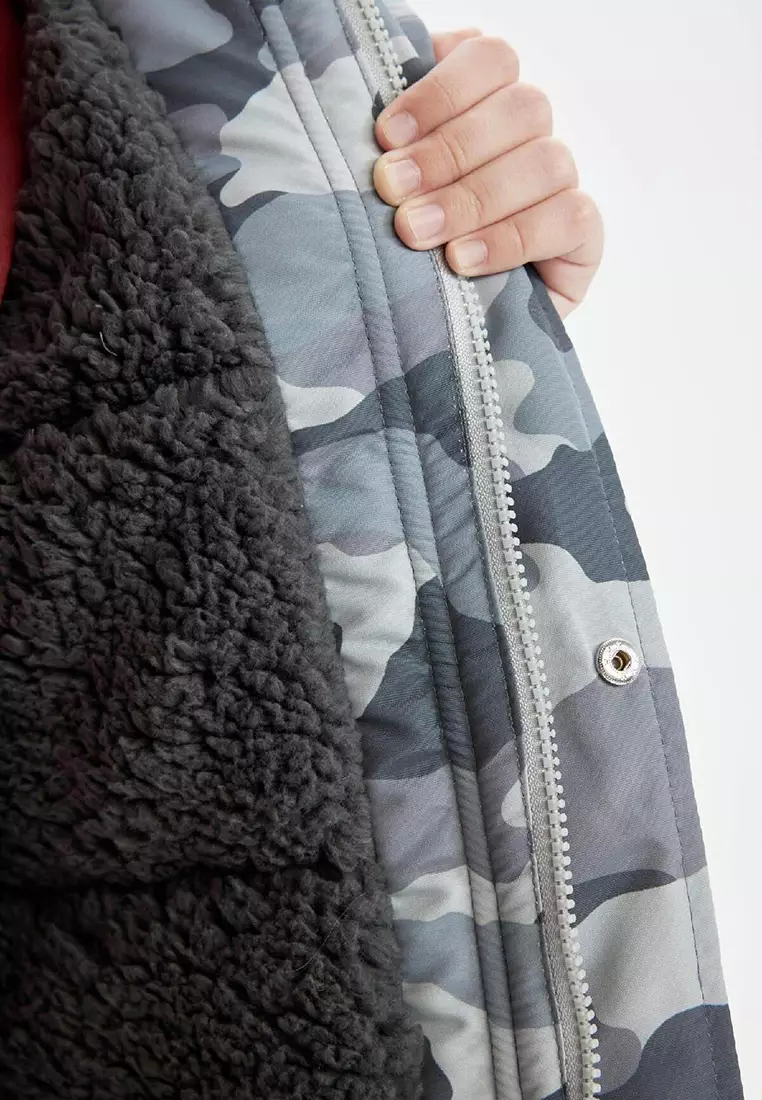 Buy DeFacto Detachable Faux Fur Collar Hooded Plush Lined Parka