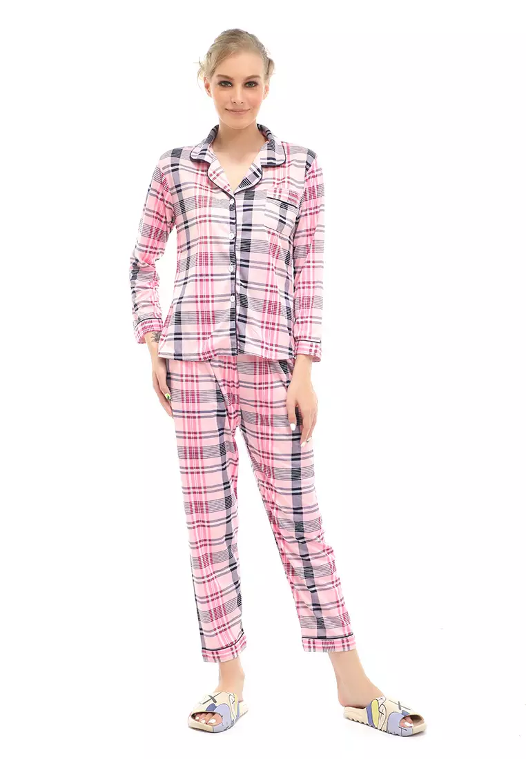 Vance Setelan Piyama Baju Tidur Wanita Lengan Panjang Motif Kotak Material Cotton ORIGINAL - Pink