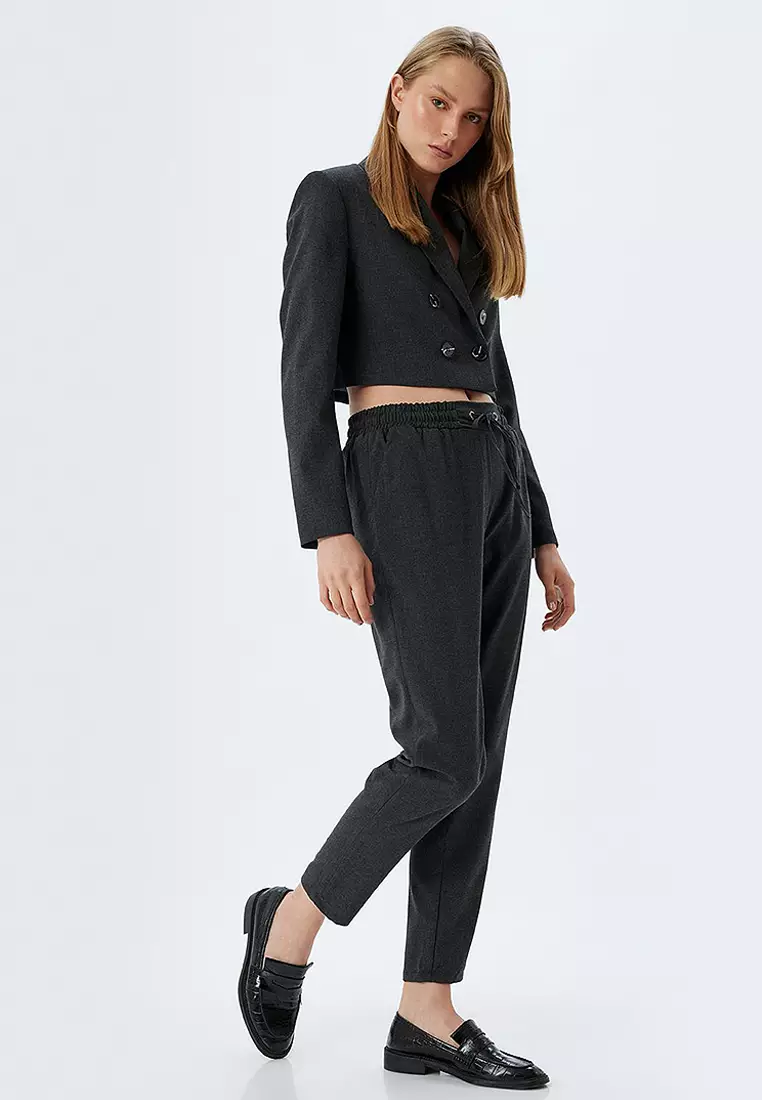 Pocketed Elastic Waist High Waist Jogger Carrot Cut Trousers