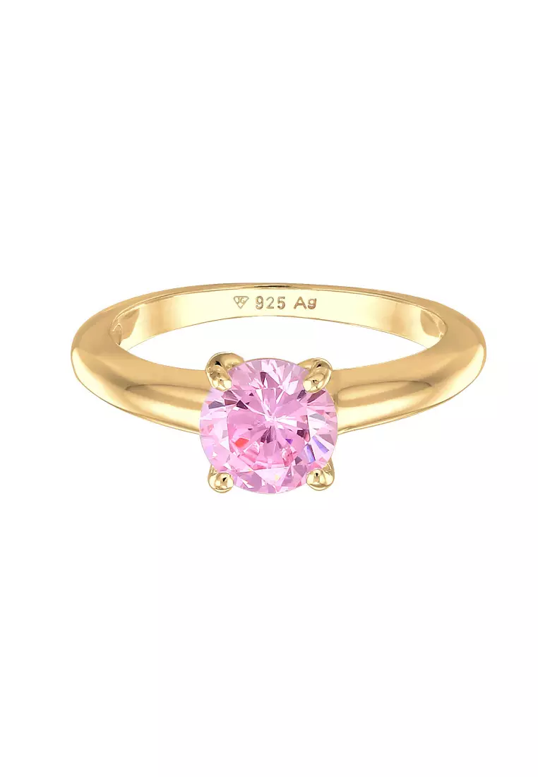 Cincin Perhiasan Perak 925 Wanita Solitaire Classic Zirconia Crystal Pink Gold Plated