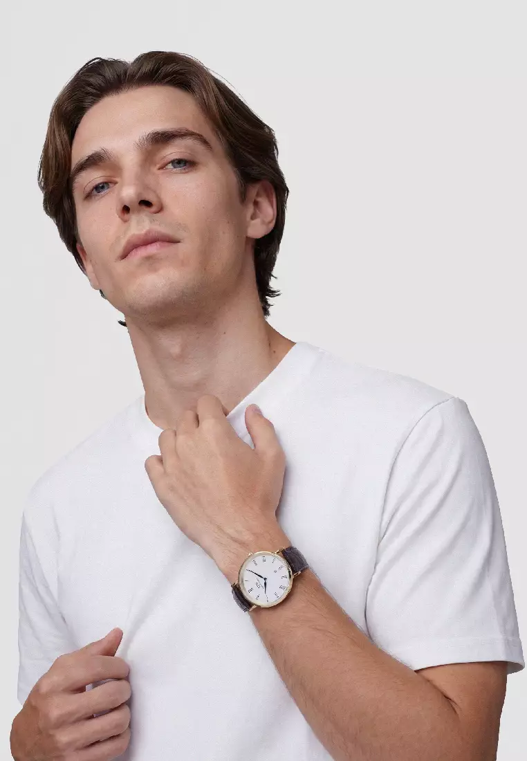 Classic 40mm Roman Numerals Date Dark Brown Croc Belly Gold - Men Watch stainless steel Leather strap watch DW Official Authentic Original 男士手錶 不銹鋼 真皮 手錶 DW 官方 正品