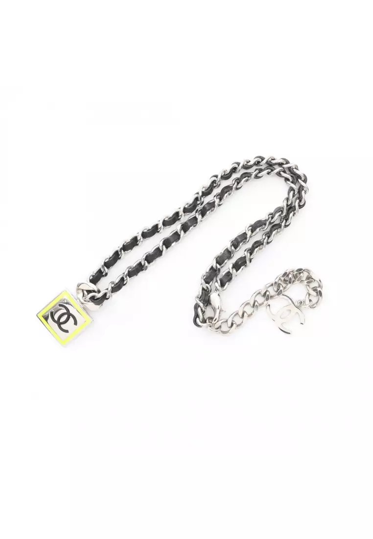 Pre-Loved Chanel coco mark necklace leather Silver black yellow B21B