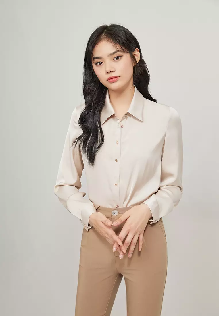 Long Sleeve Satin Button Blouse