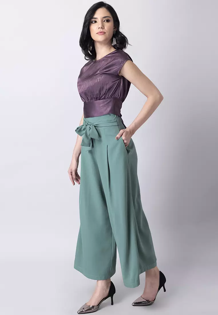 Green Belted High Waist Flared Trousers
