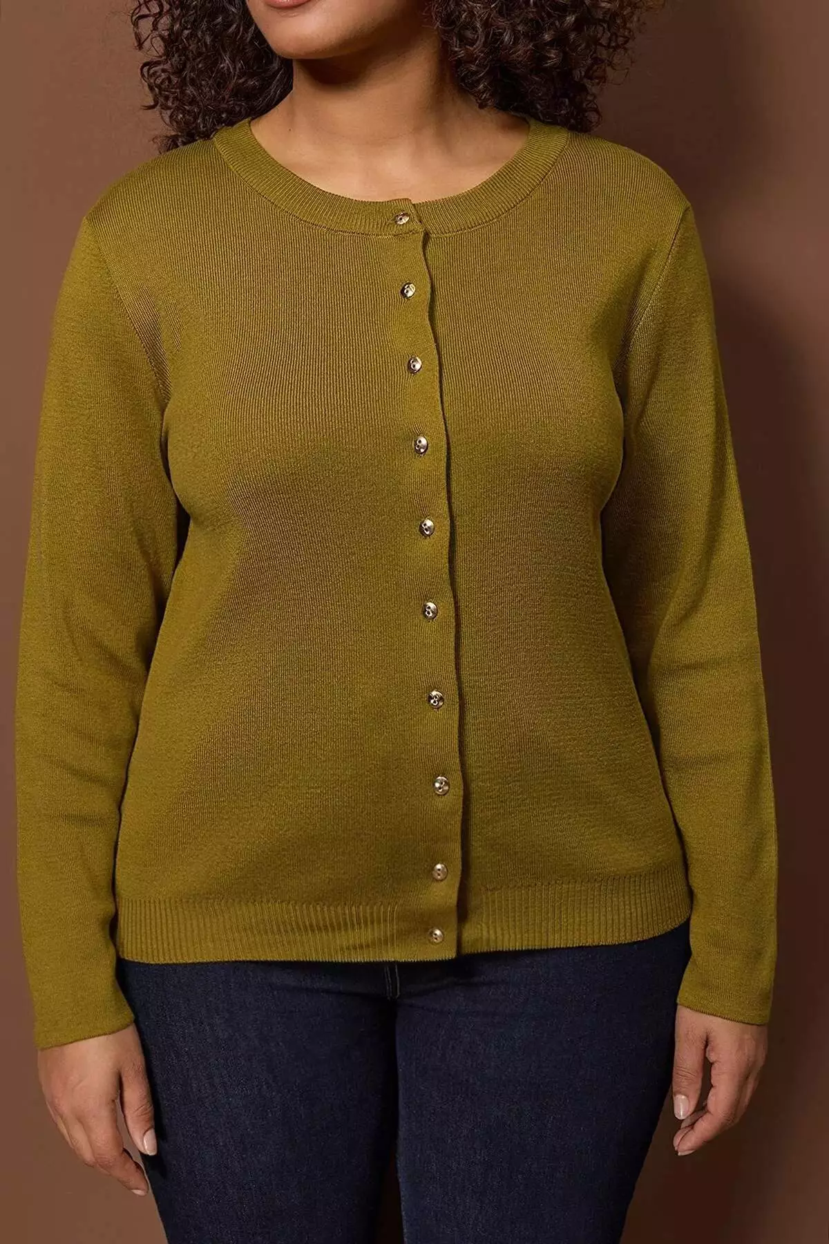 Wardrobe Essentials Oil Green Button Detailed Cotton Basic Knitwear Cardigan Tbbaw26Av00042