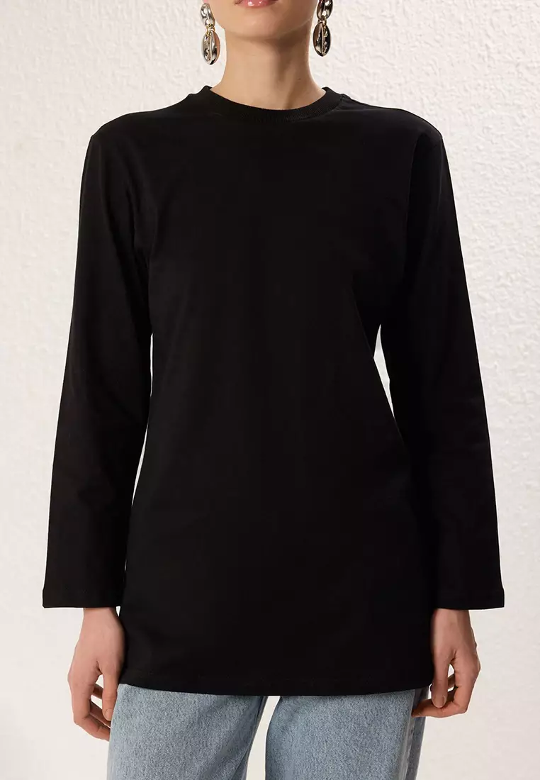 Black Beige Long Sleeve Slit Detailed Knitted T-Shirt TCTSS25RT00000