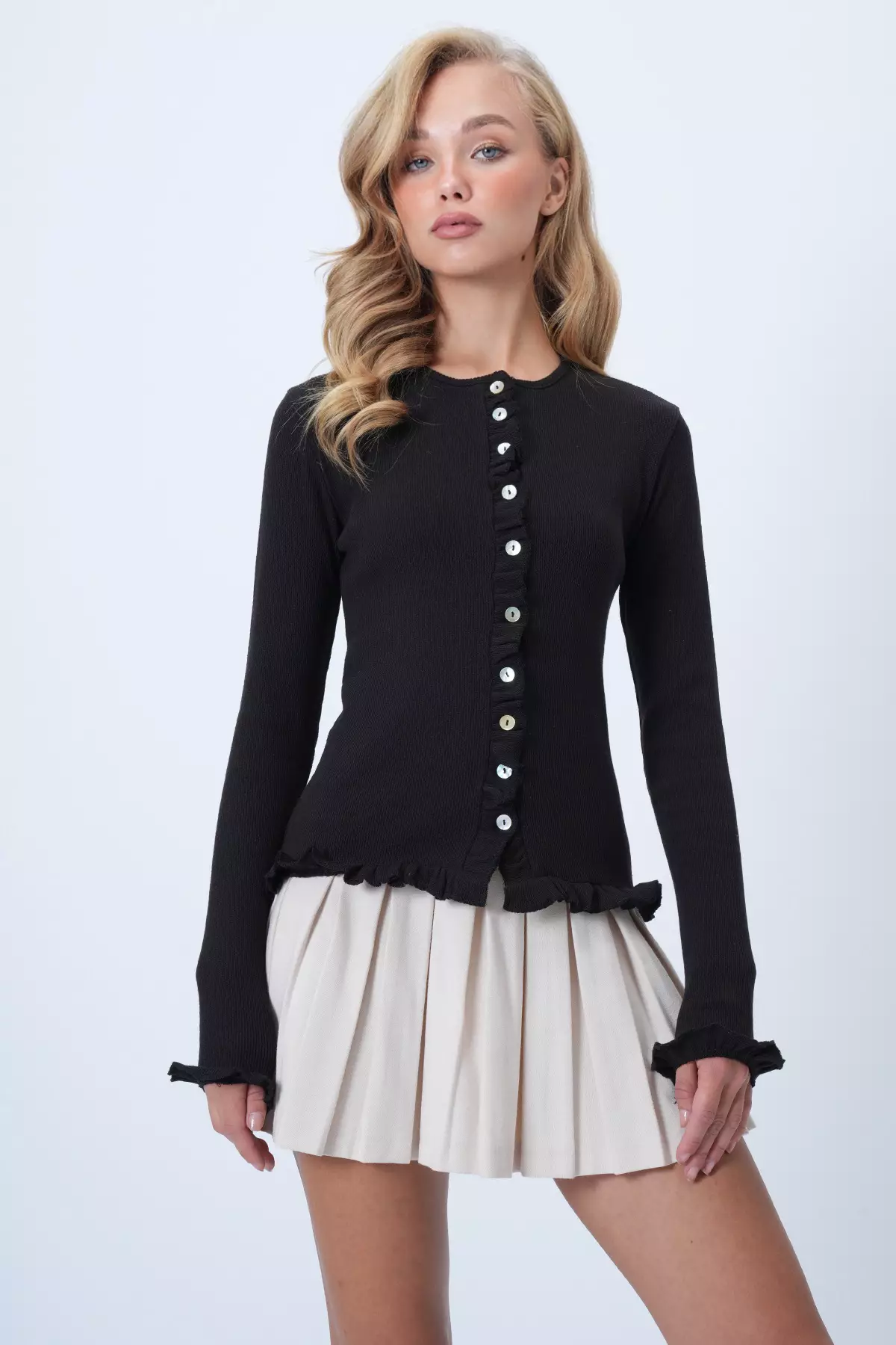 Women's Black Crew Neck Ruffle Detailed Buttoned Front Knitted Blouse Alc-X14533