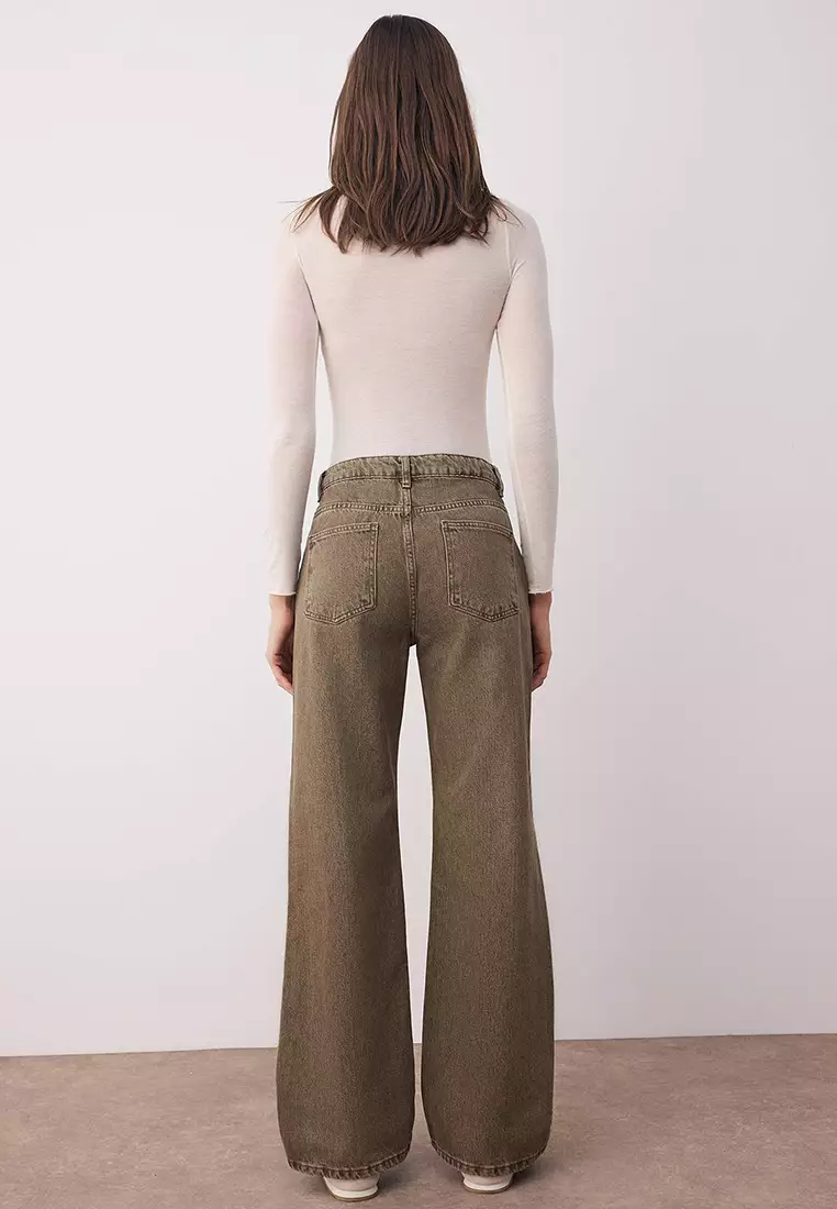 Green High Waist Vintage Wash Wide Leg Jeans Twoaw26Je00126