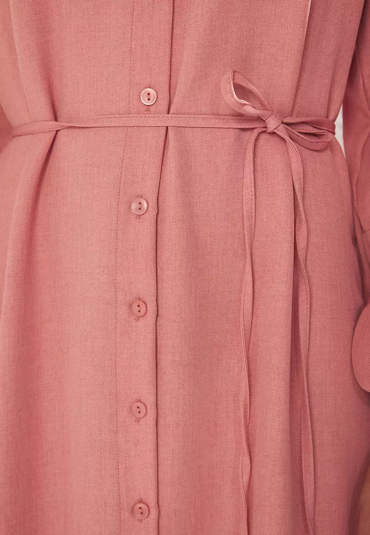 Dusty Rose Lace Detailed Linen Look Woven Dress TCTSS25EB00111