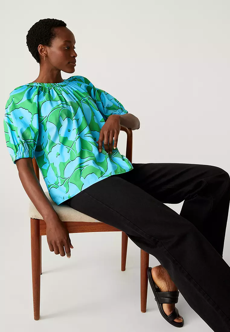 Pure Cotton Printed Blouson Sleeve Blouse