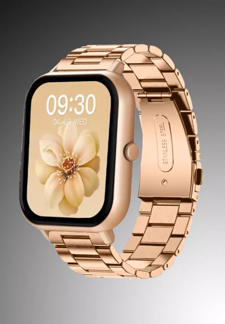 Unisex Rectangular Smart Watch - IP Gold Stainless Steel Bracelet + 1 free Rubber Strap