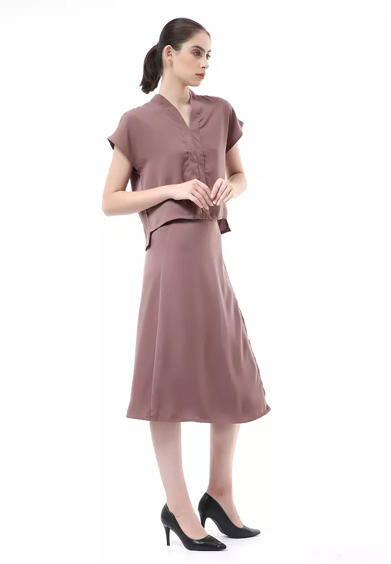 Nayra Setelan Baju & Rok Wanita One Set Adjustable Short Sleeve Material Dolce ORIGINAL - Chocolate