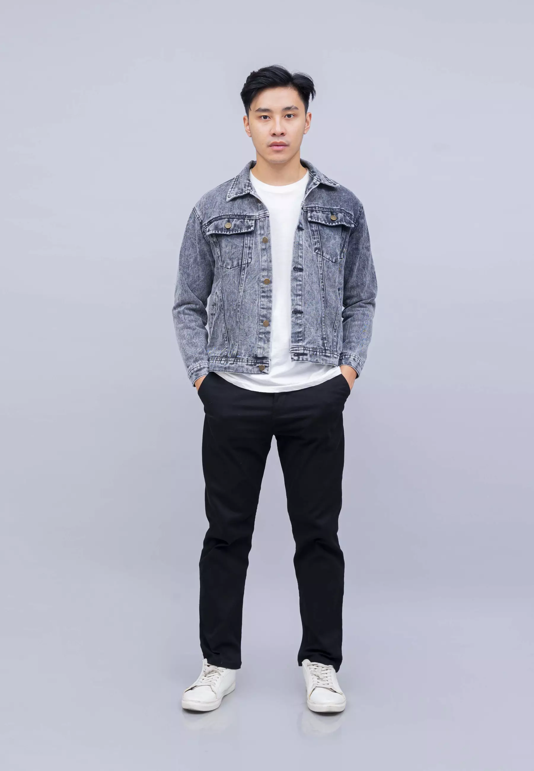 Houseofcuff Jaket Jeans Pria Polos Tebal Denim Abu Muda Pudar Unisex