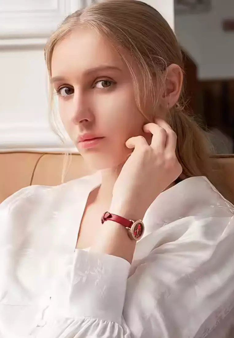 Ladies IP Rose Gold Stainless Steel Quartz Watch, 30mm Diameter, Red Leather Strap, Red Dial