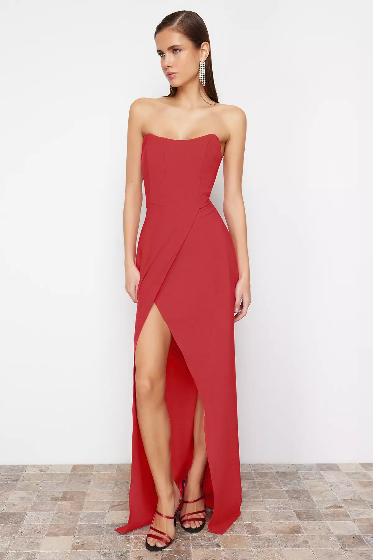 Red Corset Detailed Woven Long Evening Dress