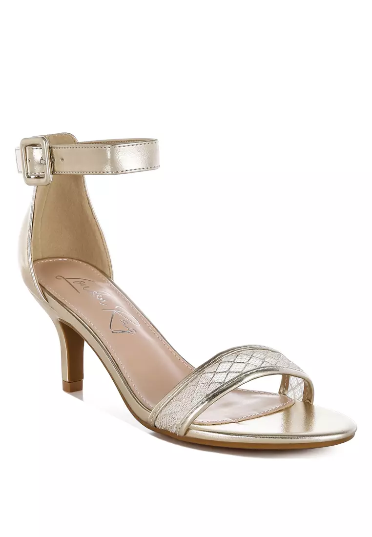 Metallic Faux Leather Kitten Heel Sandals In Gold