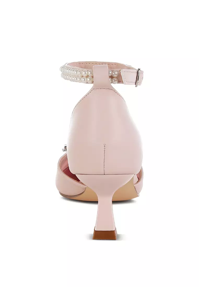 Sandal hak anak kucing bros berlian imitasi berwarna merah muda