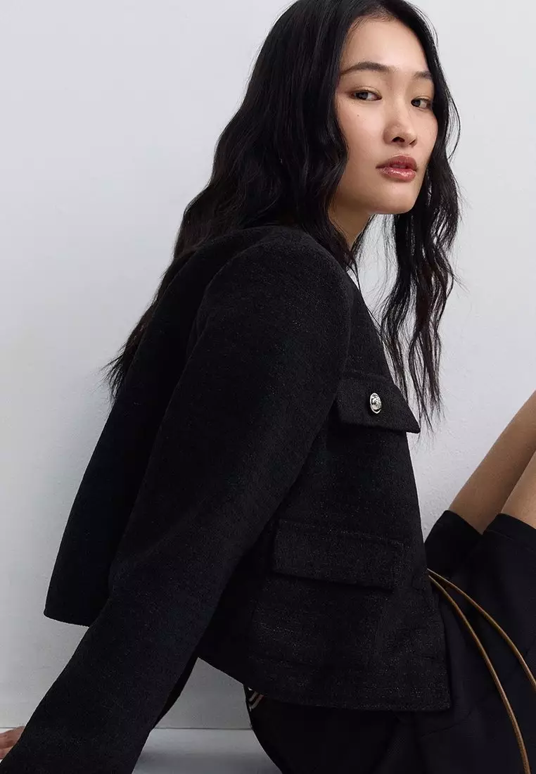 Round Neck Long Sleeve Tweed Jacket - Black