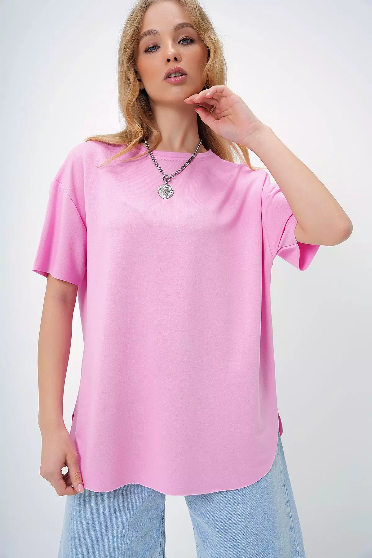 Women's Pink Crew Neck Oval Cut Modal T-Shirt