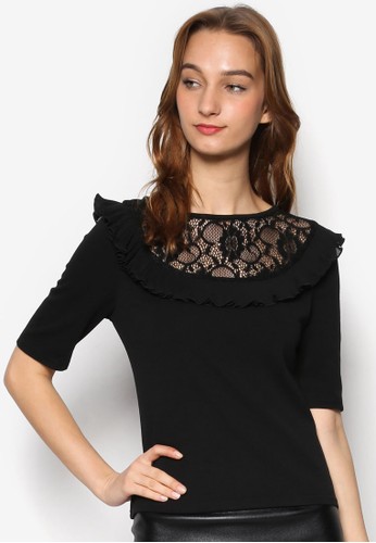 蕾esprit outlet 家樂福絲荷葉飾拼肩五分袖上衣, 服飾, 上衣