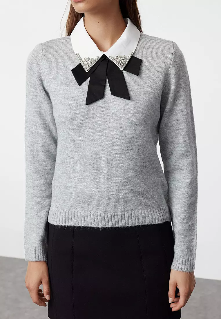 Gray Soft Textured Garnished Ribbon/Bow Detailed Stone Knitted Sweater TWOAW25KZ00035