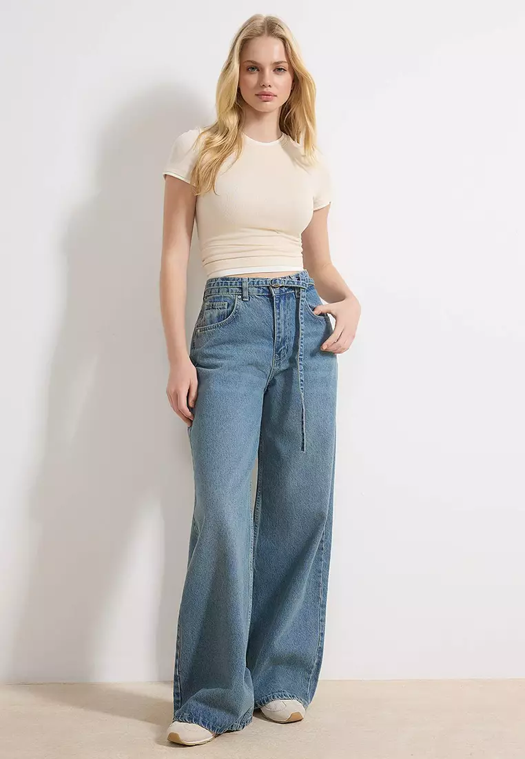 Blue Belted High Waist Wide Leg Wide Leg 1% Cotton Jeans Twoss26Je85