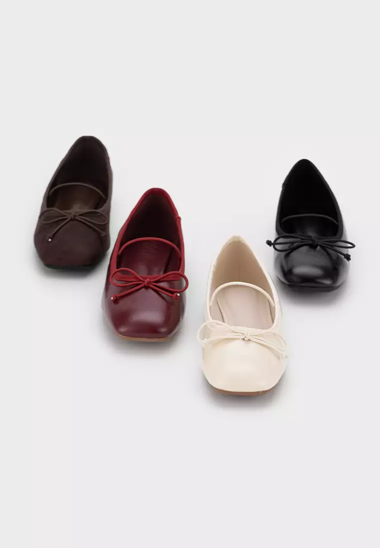 SQUARE TOE BALLET FLATS WITH STRAP & RIBBON 蝴蝶结松紧方头芭蕾平底鞋