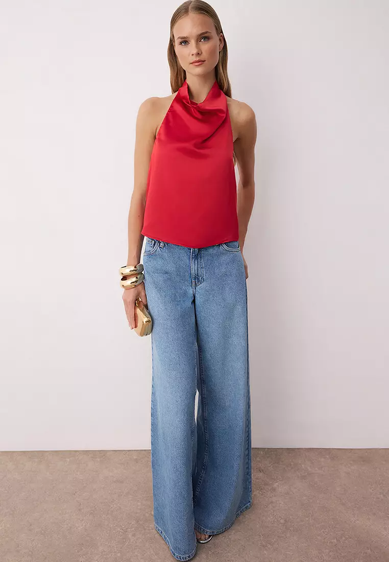 Red Degaje Collar Sleeveless Satin Party Blouse