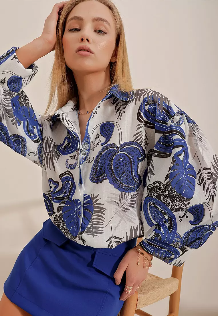 Ethnic Patterned Balloon Sleeves Shirt