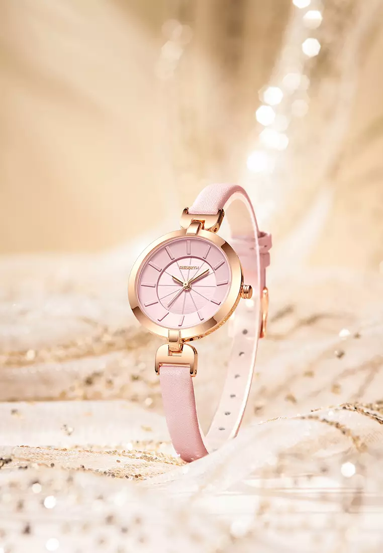 Jam Tangan Wanita Anggun Gaya Tali Kulit Anti Air Kuarsa Jam Tangan Cowok warna merah muda