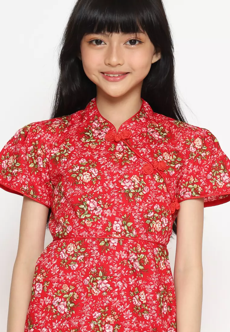 Dress Anak Perempuan Kerah Mandarin Bunga Red - CUTE