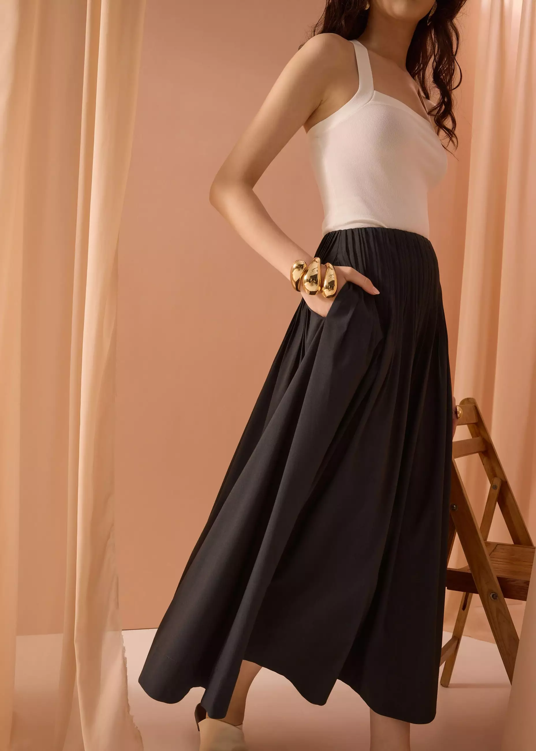 Rok Wanita - Kate High Waist Pintuck Flare Maxi Skirt