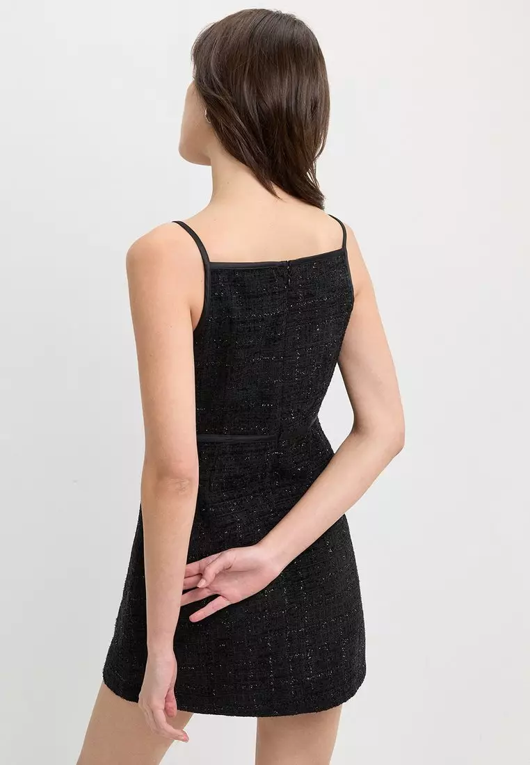 Textured Sleeveless A-Line Mini Dress with Floral Bow Waist Detail - Black