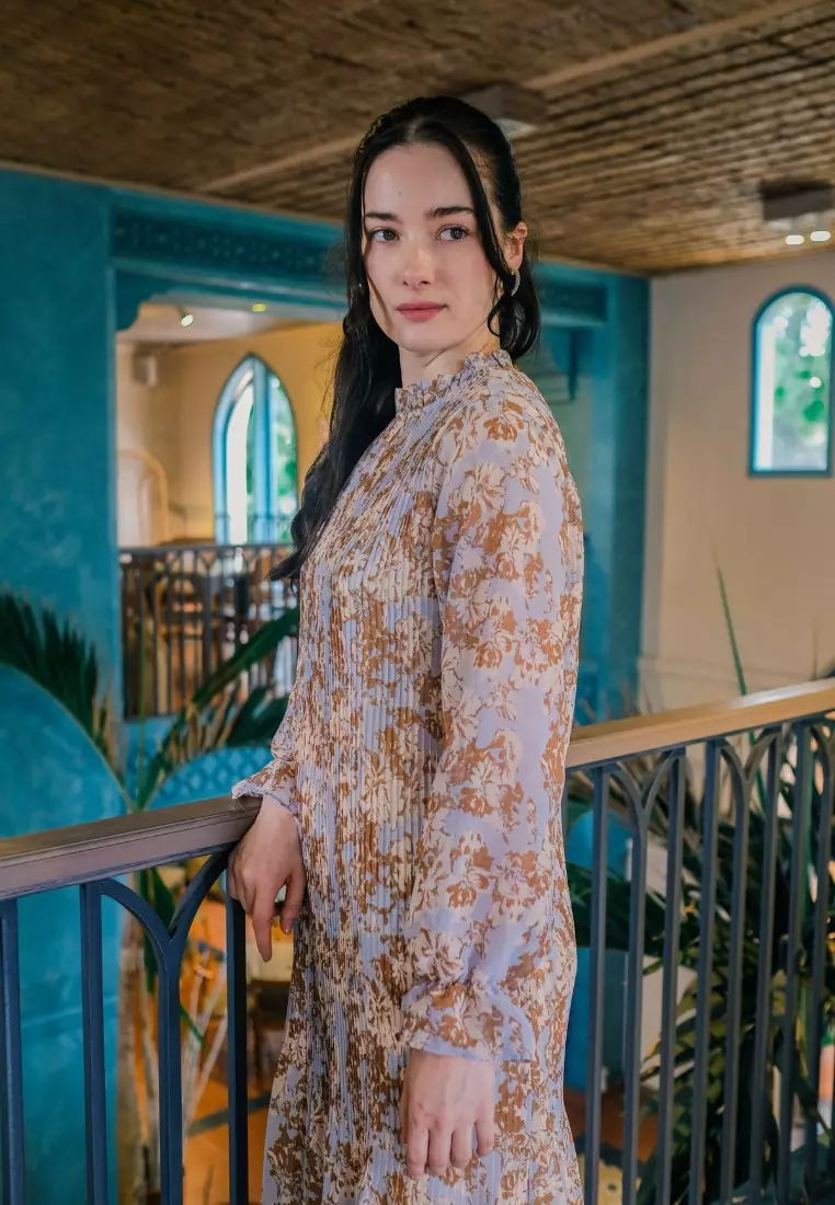 Urban Exchange Aiysah Gamis Blue - Gamis Printed Blue Pleat Warna Blue