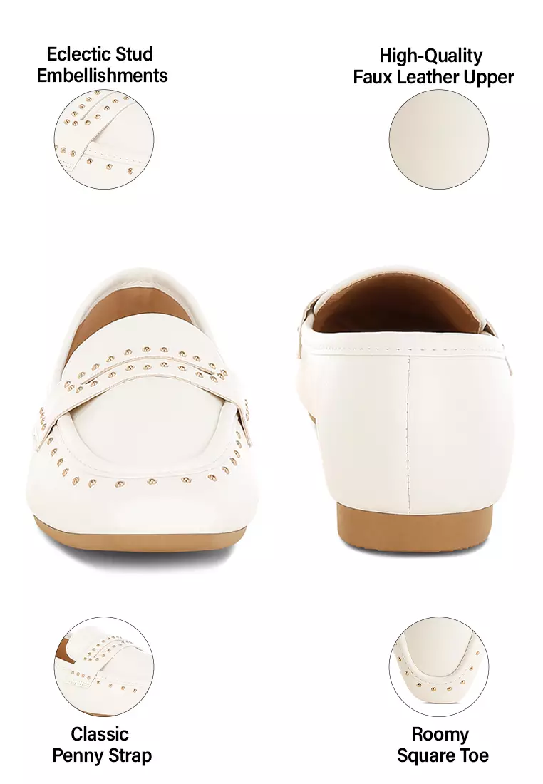 Studded Faux Leather Loafers in White