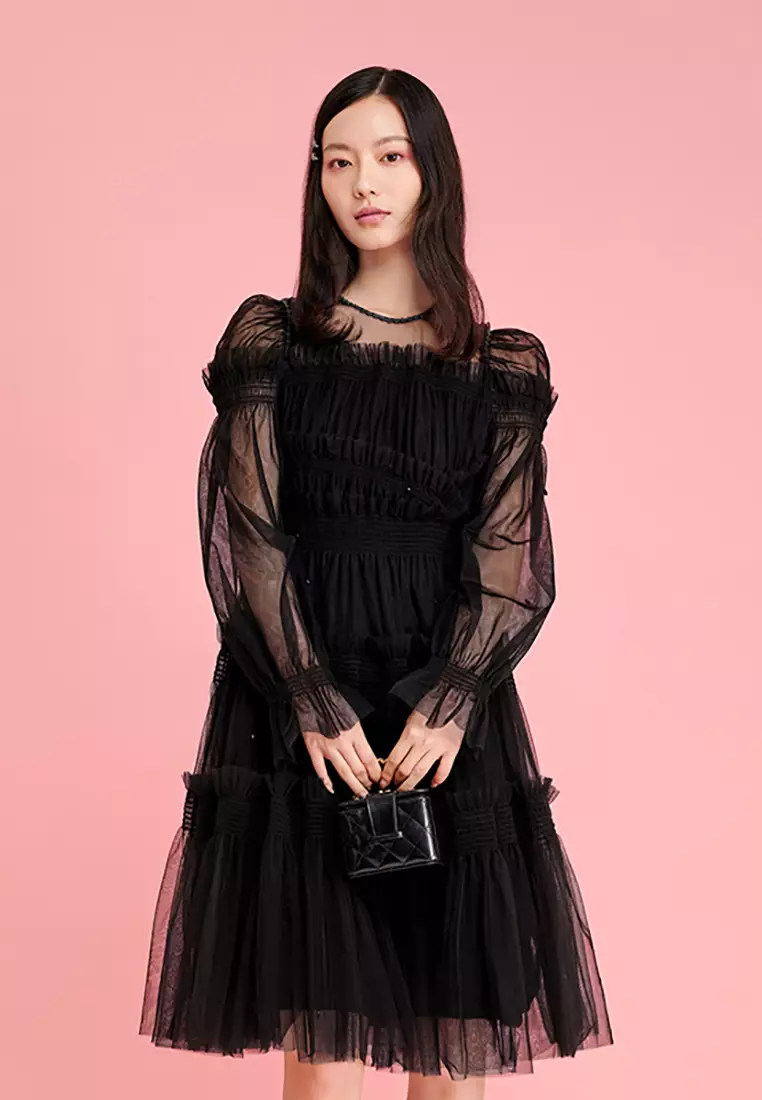 chinese dress ladies Long-Sleeved Ruffle Hem Midi Dress 18 / Sage Green/ Multi / Final Sale