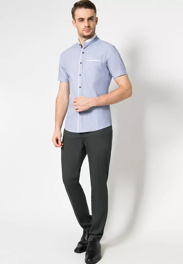 Johnwin Kemeja Casual Pria Kerah Shanghai Warna Biru ASH.670.K880.803