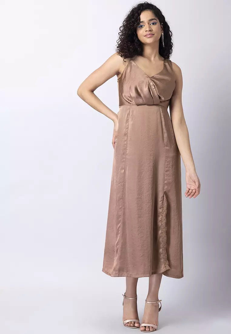 Light Brown Satin Overlap Asymmetric  Midi Dress