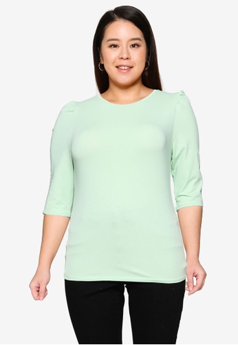 Only CARMAKOMA green Plus Size Time 3/4 Puff Sleeve Top 91F45AA0FEB33BGS_1