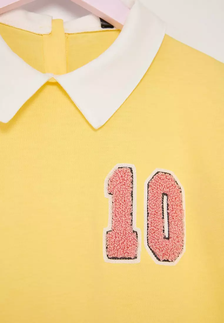 Yellow Girls 100% Cotton Embroidered Shirt Collar Short Sleeve Short Knitted Dress Tkdss25El00090