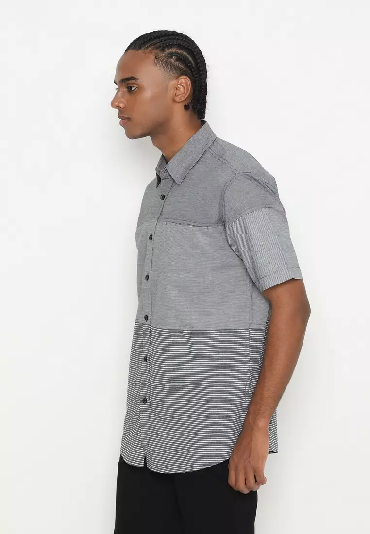 RBJ Kemeja Salur Kombi Hitam Regular Fit Pria