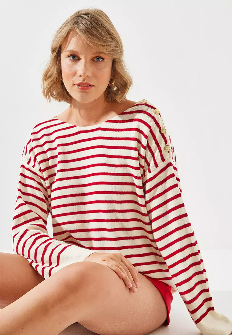 Women's Striped Shoulder Buttoned Sweater 20247511