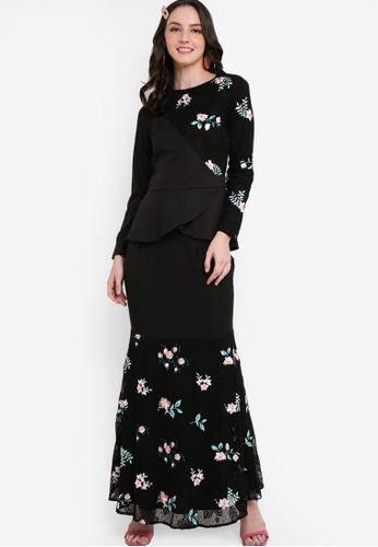 Asymmetrical Top Kurung Set from Lubna in Black